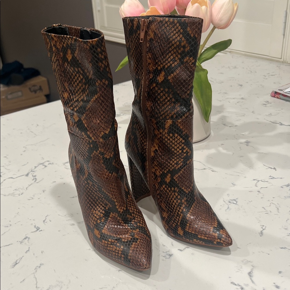 Aldo Brown Snake Print Heeled Boots